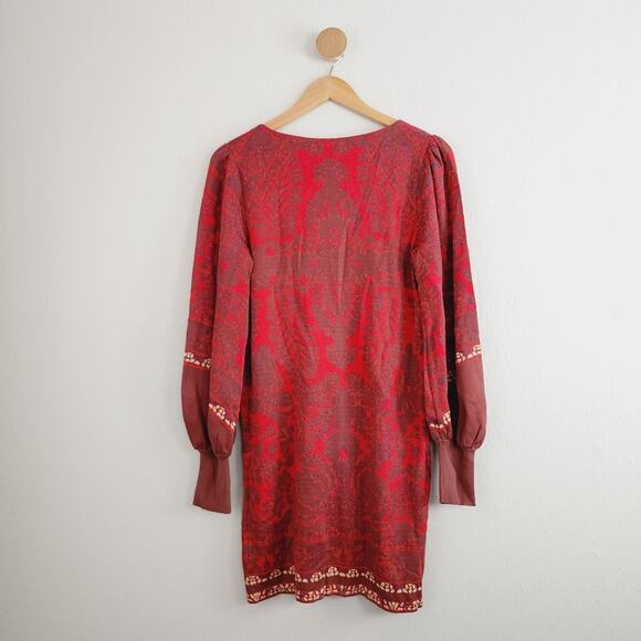 Free People Music and Lyrics Damask Knit Long Sleeve Sweater Dress Red S NWT - Picture 12 of 13